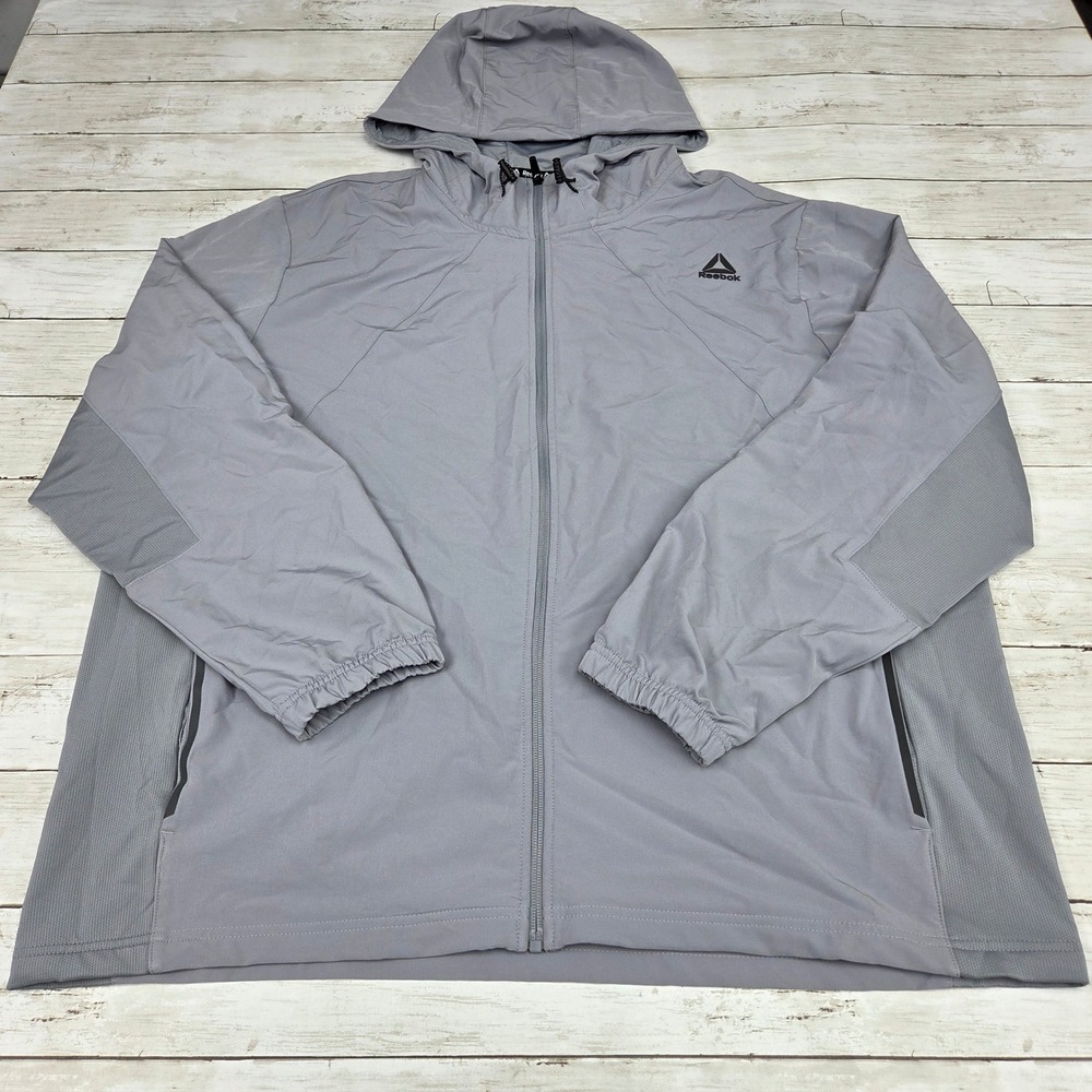 Reebok Full Zip Windbreaker Jacket Hooded Mens 2XL Grey Mesh Performance Active